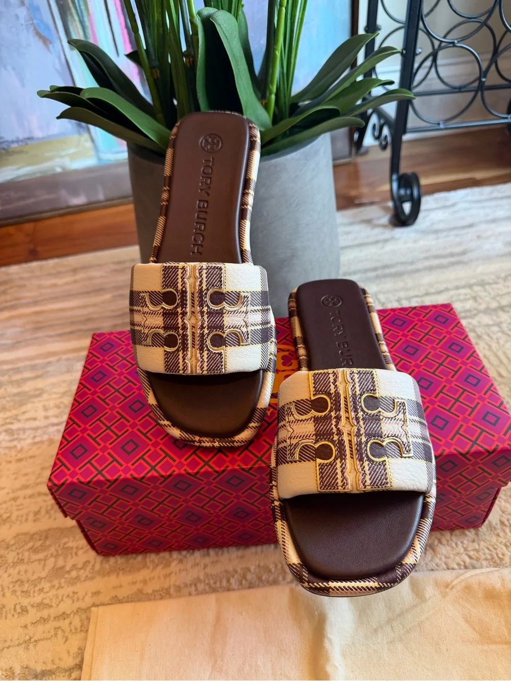 Tory Burch Double T Sport Brown and Cream Plaid Slide Sandals